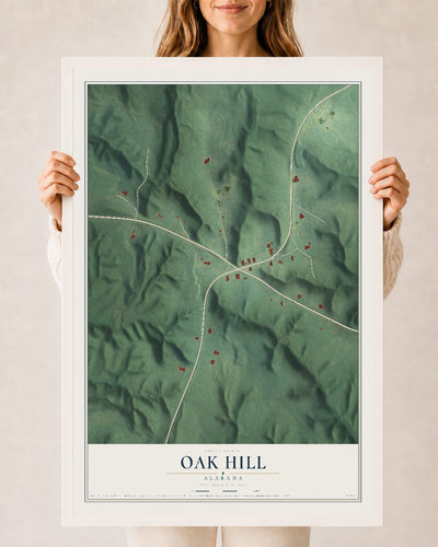 Map of Oak Hill, Alabama, 24 x 36 inch print in a white wood frame
