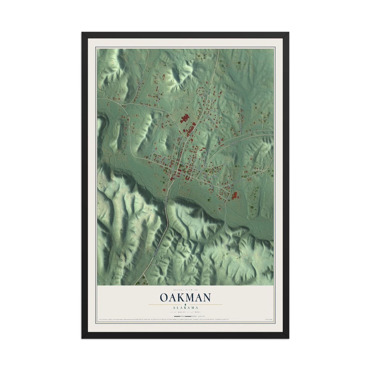Map of Oakman, Alabama, 12 x 18 inch print in a black wood frame