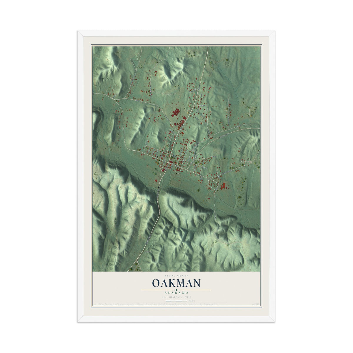 Map of Oakman, Alabama, 12 x 18 inch print in a white wood frame