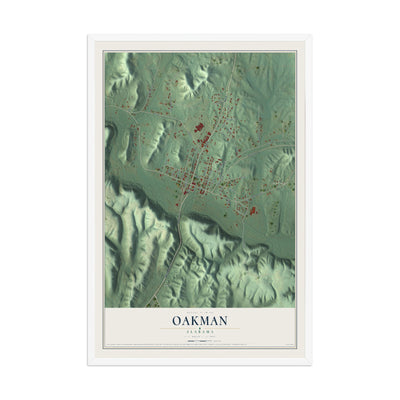 Map of Oakman, Alabama, 12 x 18 inch print in a white wood frame