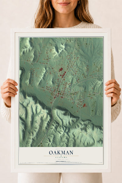 Map of Oakman, Alabama, 18 x 24 inch print in a white wood frame