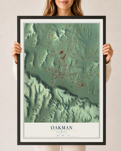 Map of Oakman, Alabama, 24 x 36 inch print in a black wood frame