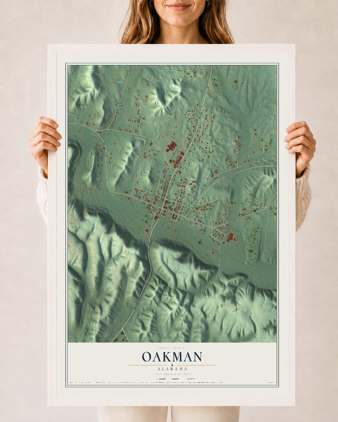 Map of Oakman, Alabama, 24 x 36 inch print in a white wood frame
