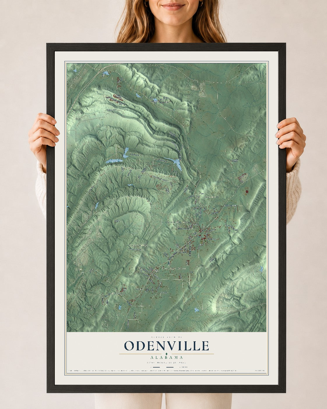 Map of Odenville, Alabama, 24 x 36 inch print in a black wood frame