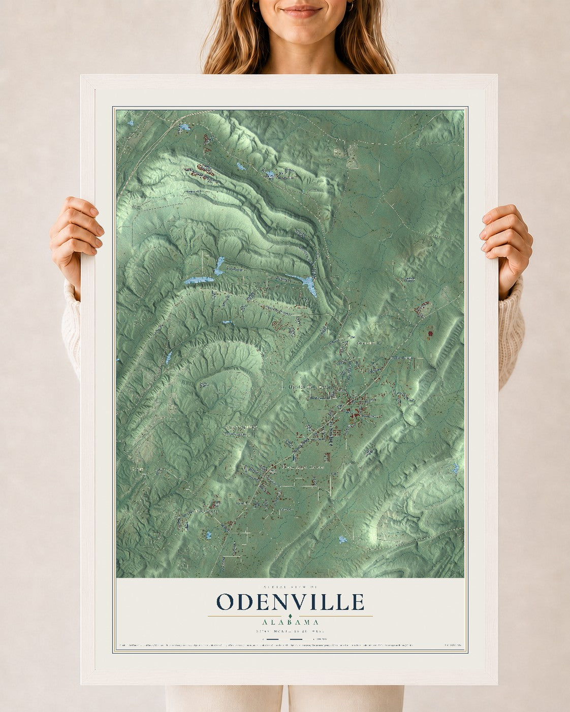 Map of Odenville, Alabama, 24 x 36 inch print in a white wood frame