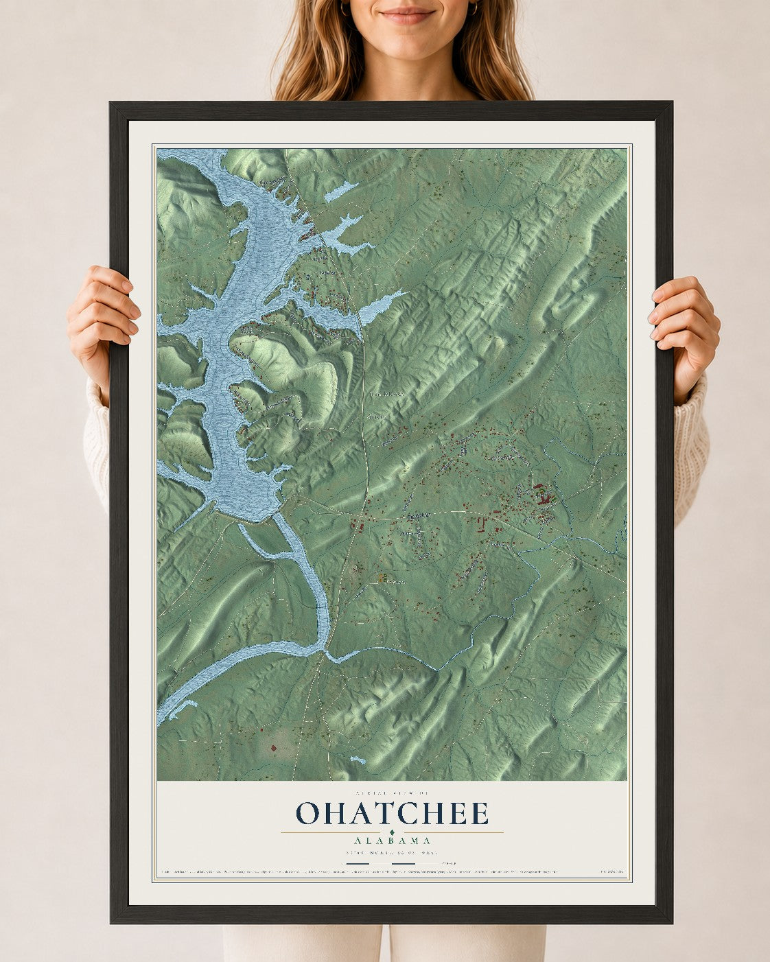 Map of Ohatchee, Alabama, 24 x 36 inch print in a black wood frame