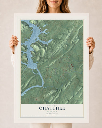 Map of Ohatchee, Alabama, 24 x 36 inch print in a white wood frame