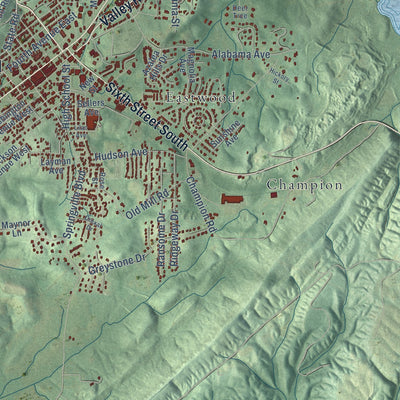 Close-up of the map of Oneonta, Alabama print showing street and building detail