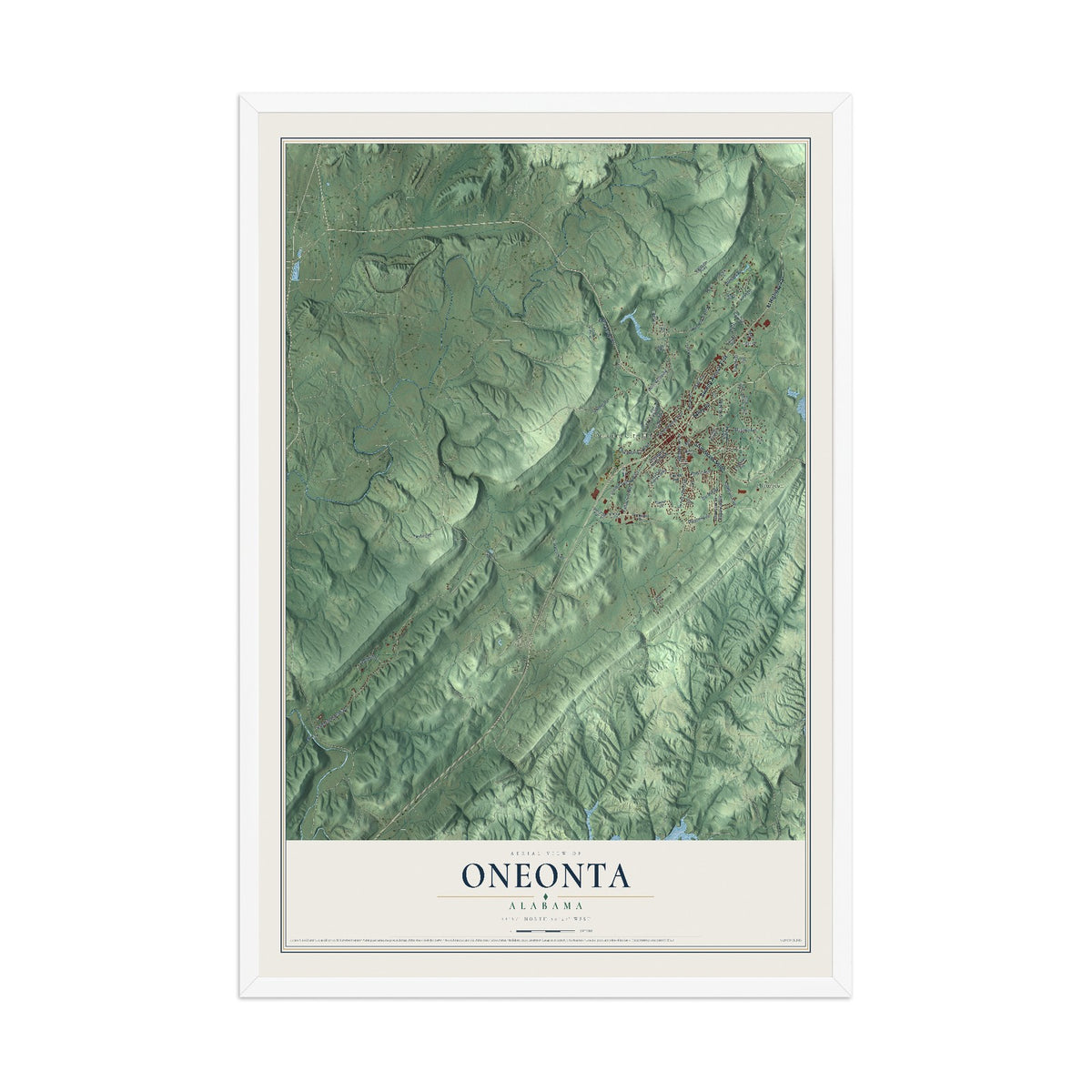 Map of Oneonta, Alabama, 12 x 18 inch print in a white wood frame