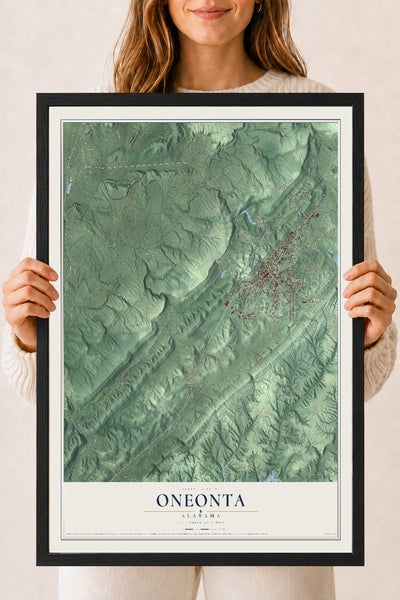 Map of Oneonta, Alabama, 18 x 24 inch print in a black wood frame