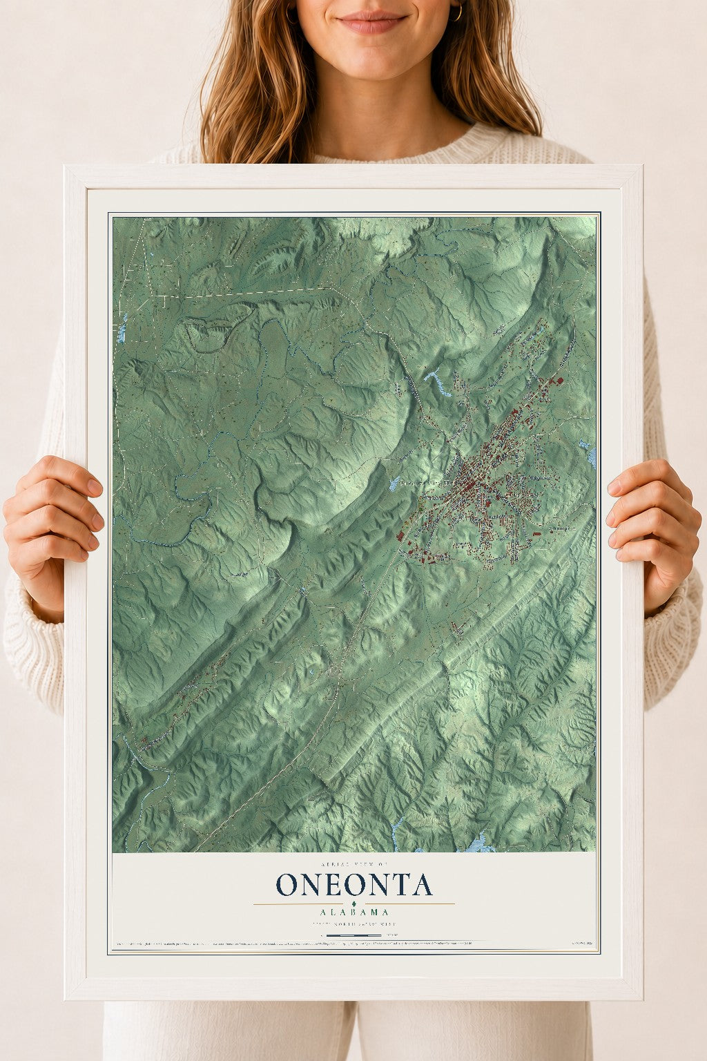 Map of Oneonta, Alabama, 18 x 24 inch print in a white wood frame