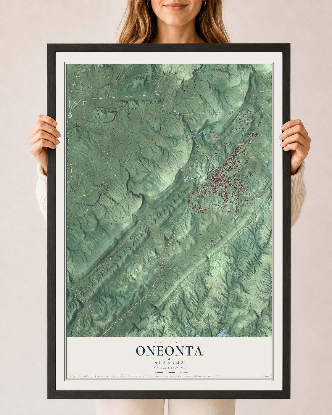 Map of Oneonta, Alabama, 24 x 36 inch print in a black wood frame