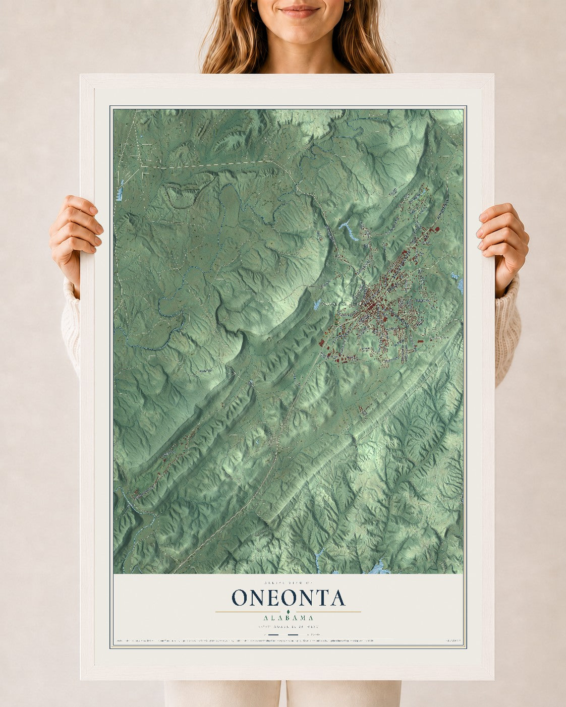 Map of Oneonta, Alabama, 24 x 36 inch print in a white wood frame