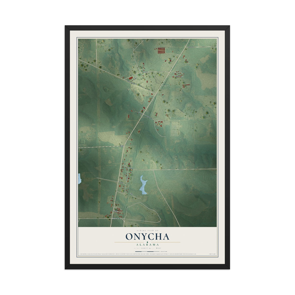 Map of Onycha, Alabama, 12 x 18 inch print in a black wood frame