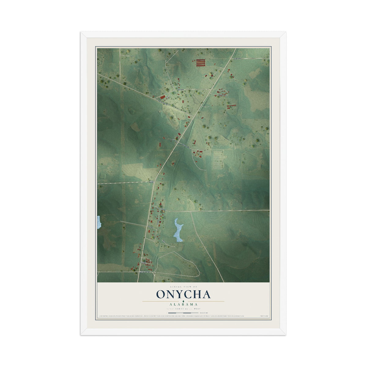 Map of Onycha, Alabama, 12 x 18 inch print in a white wood frame