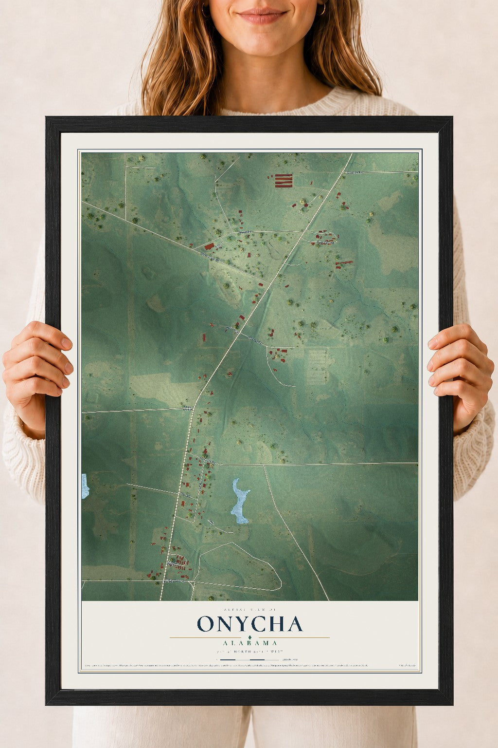 Map of Onycha, Alabama, 18 x 24 inch print in a black wood frame