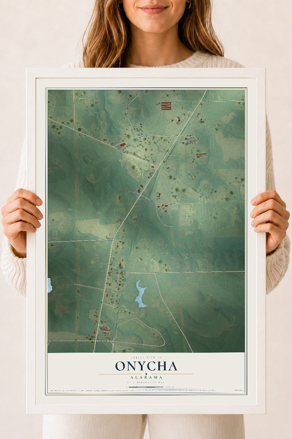 Map of Onycha, Alabama, 18 x 24 inch print in a white wood frame