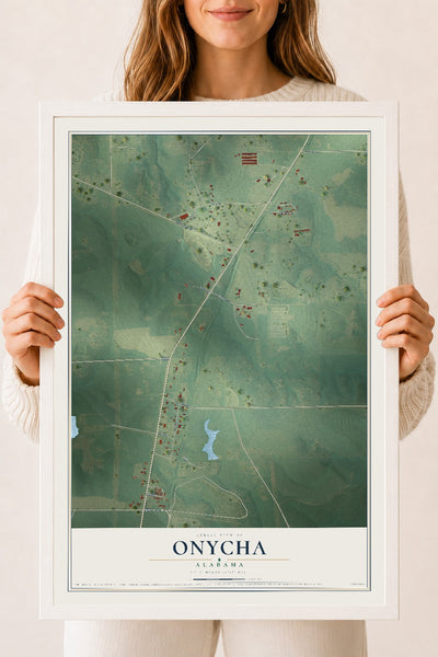 Map of Onycha, Alabama, 18 x 24 inch print in a white wood frame