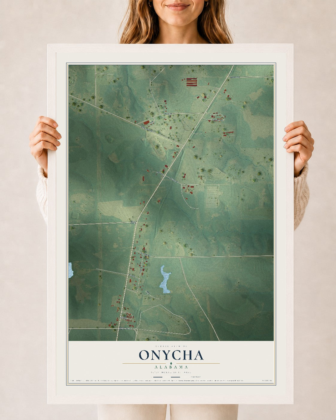 Map of Onycha, Alabama, 24 x 36 inch print in a white wood frame