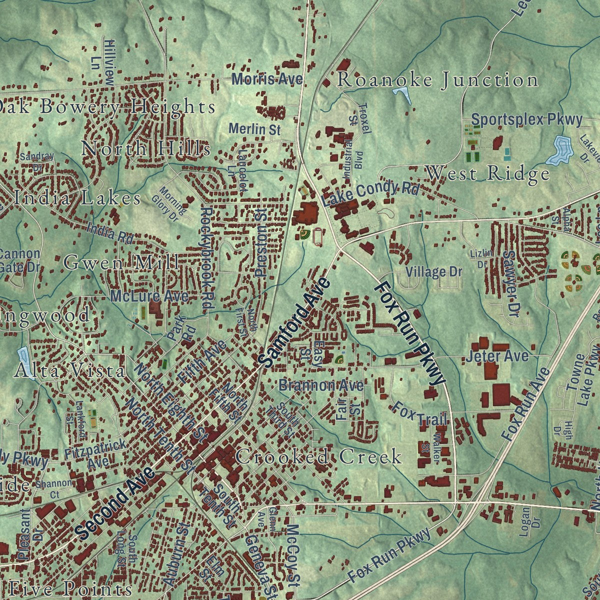 Close-up of the map of Opelika, Alabama print showing street and building detail