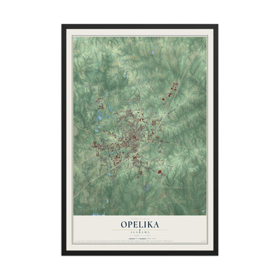 Map of Opelika, Alabama, 12 x 18 inch print in a black wood frame