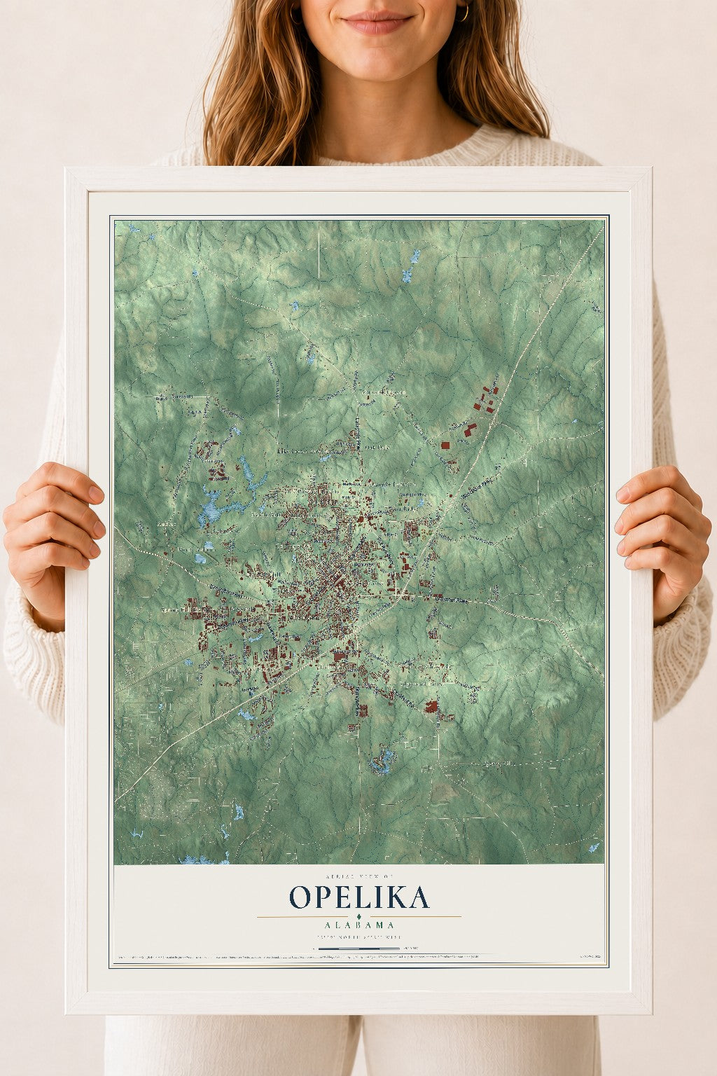 Map of Opelika, Alabama, 18 x 24 inch print in a white wood frame