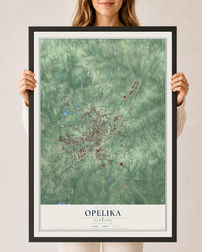 Map of Opelika, Alabama, 24 x 36 inch print in a black wood frame