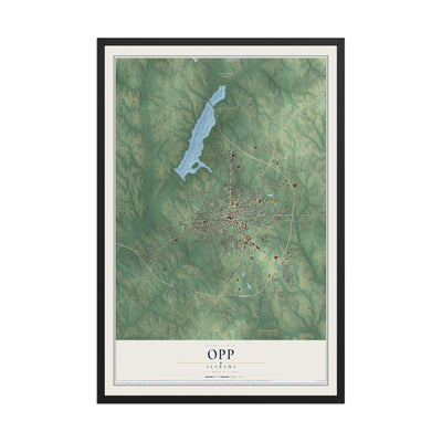 Map of Opp, Alabama, 12 x 18 inch print in a black wood frame