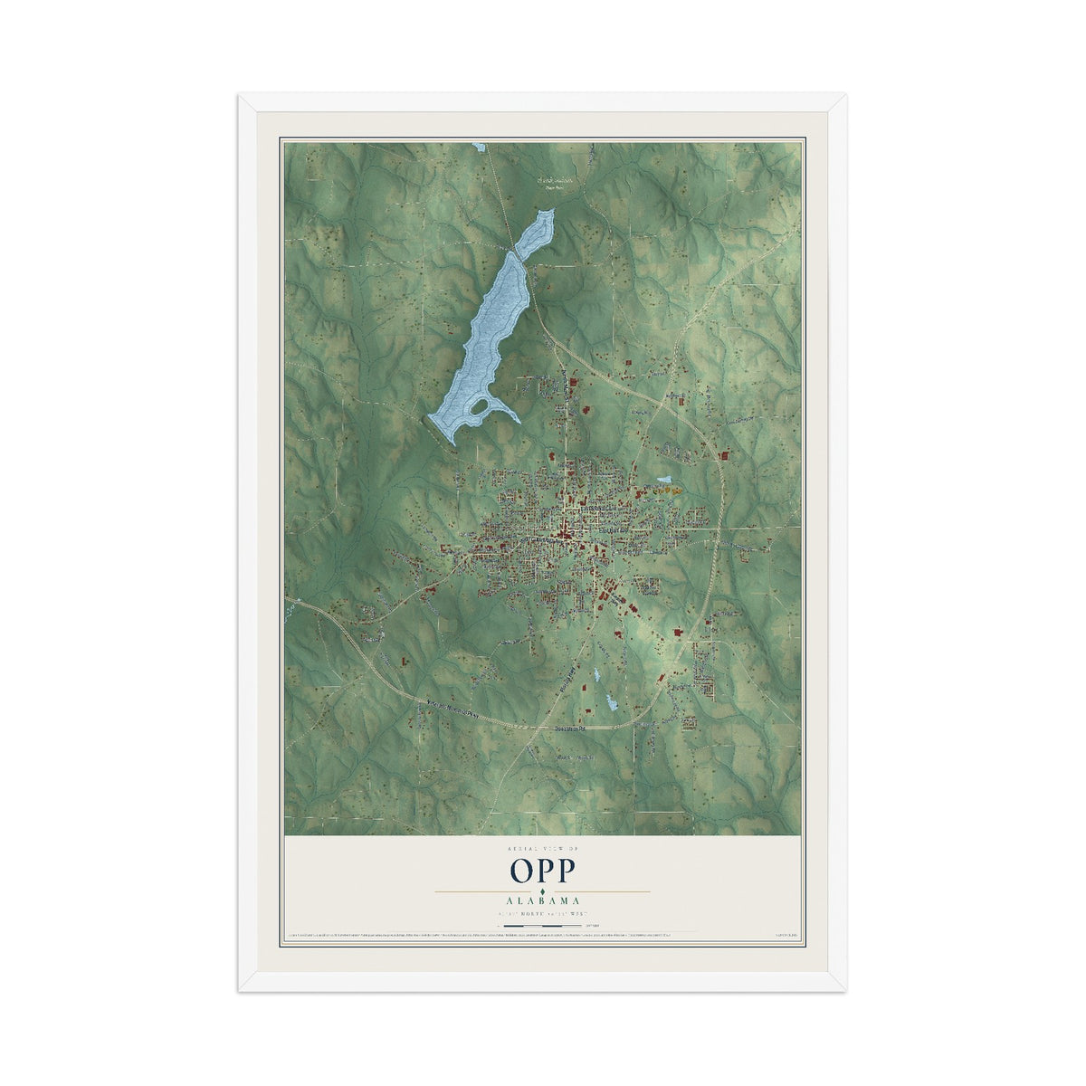 Map of Opp, Alabama, 12 x 18 inch print in a white wood frame