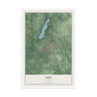 Map of Opp, Alabama, 12 x 18 inch print in a white wood frame