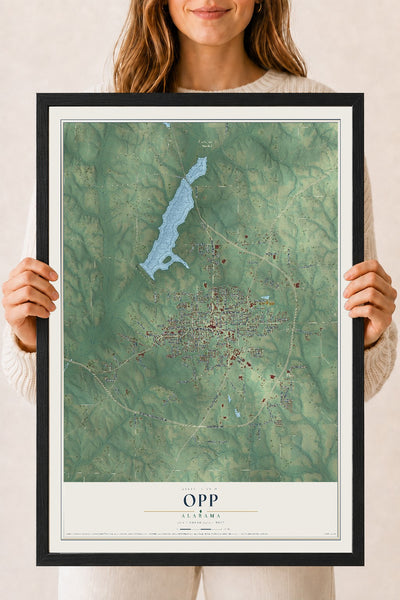 Map of Opp, Alabama, 18 x 24 inch print in a black wood frame