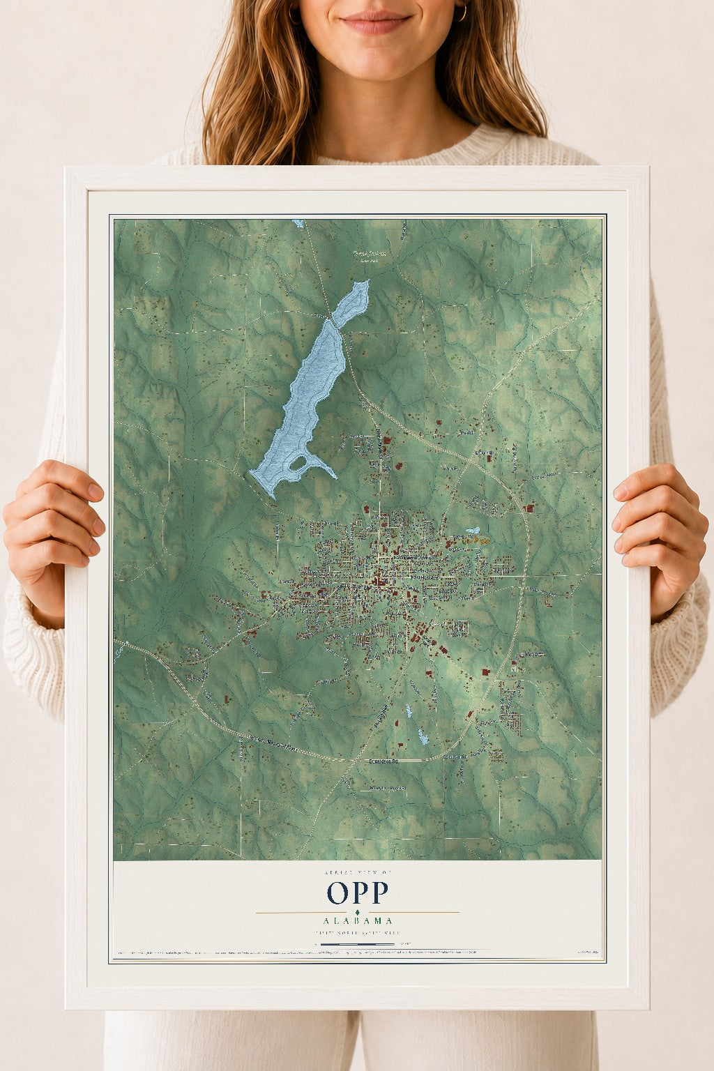 Map of Opp, Alabama, 18 x 24 inch print in a white wood frame