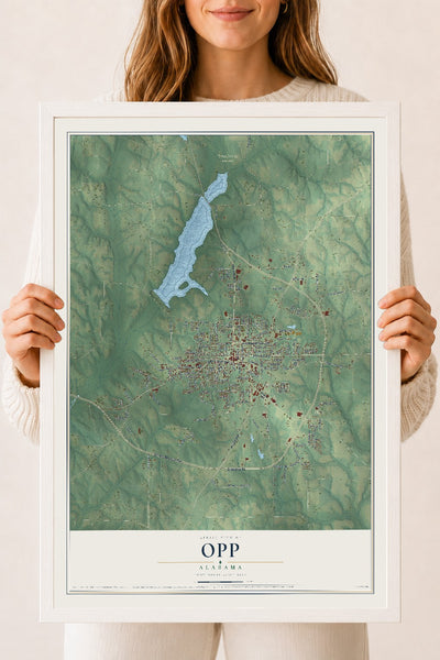 Map of Opp, Alabama, 18 x 24 inch print in a white wood frame