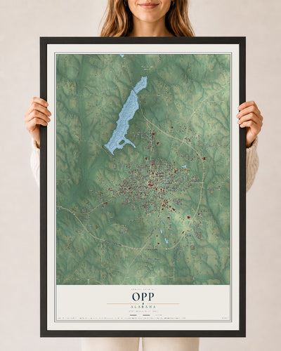 Map of Opp, Alabama, 24 x 36 inch print in a black wood frame