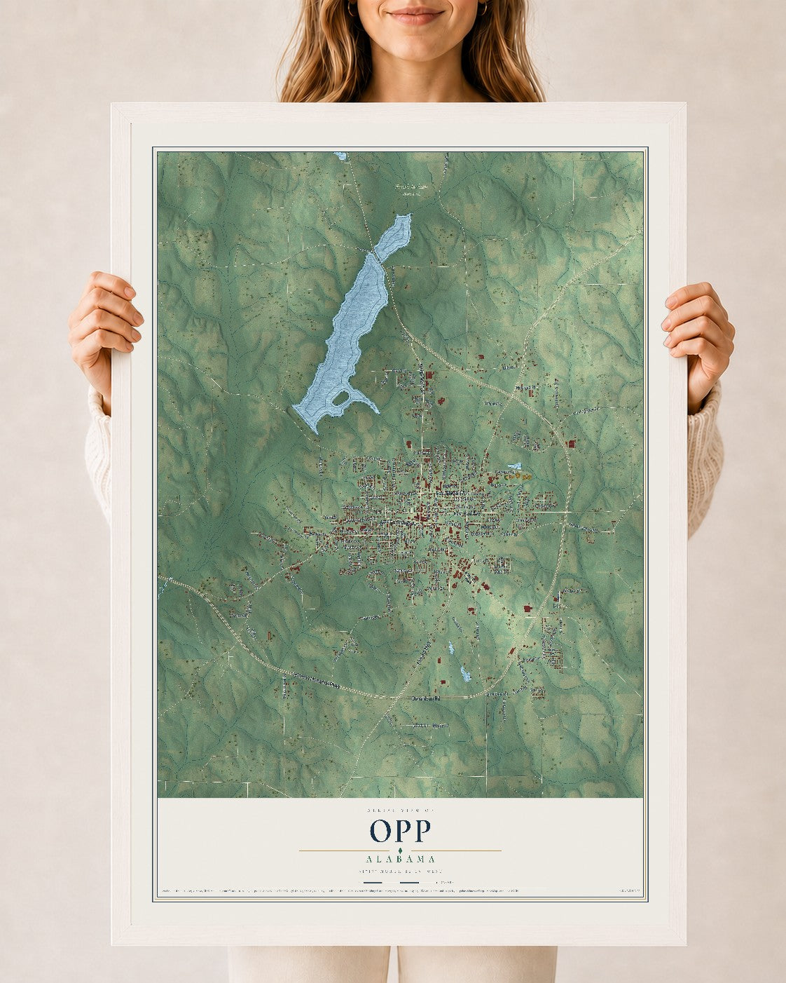 Map of Opp, Alabama, 24 x 36 inch print in a white wood frame