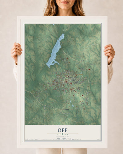 Map of Opp, Alabama, 24 x 36 inch print in a white wood frame