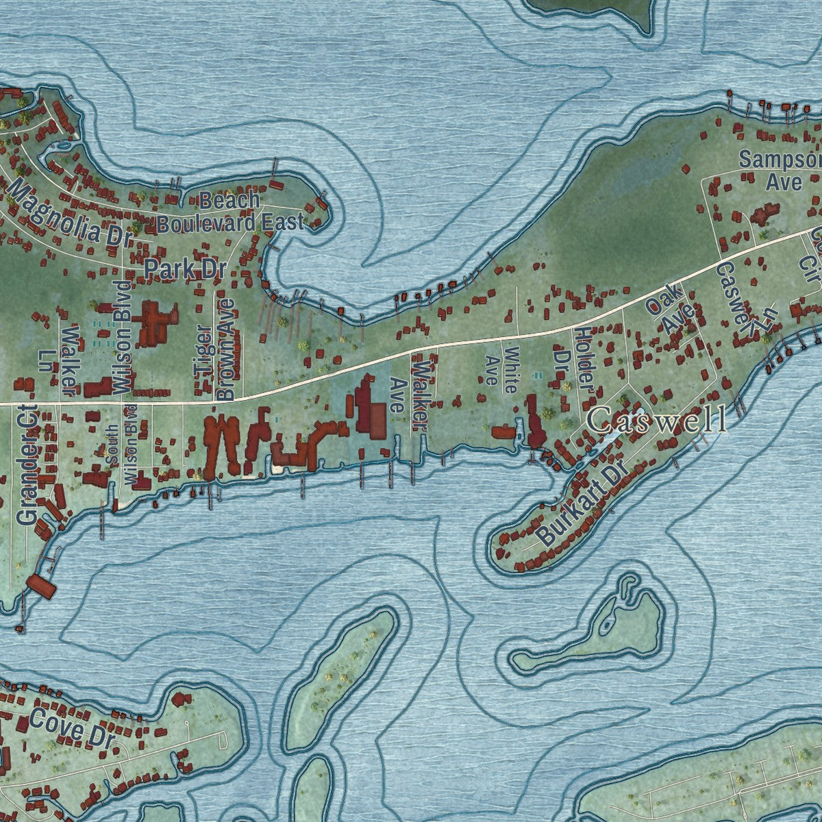 Close-up of the map of Orange Beach, Alabama print showing street and building detail