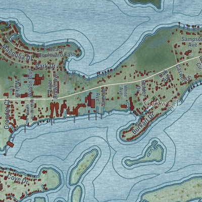 Close-up of the map of Orange Beach, Alabama print showing street and building detail