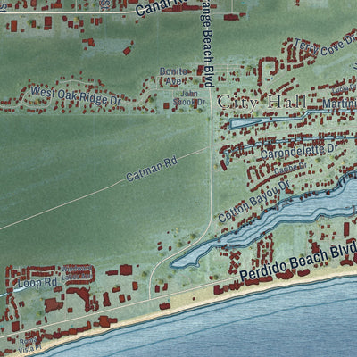 Second close-up of the map of Orange Beach, Alabama print showing more streets and buildings