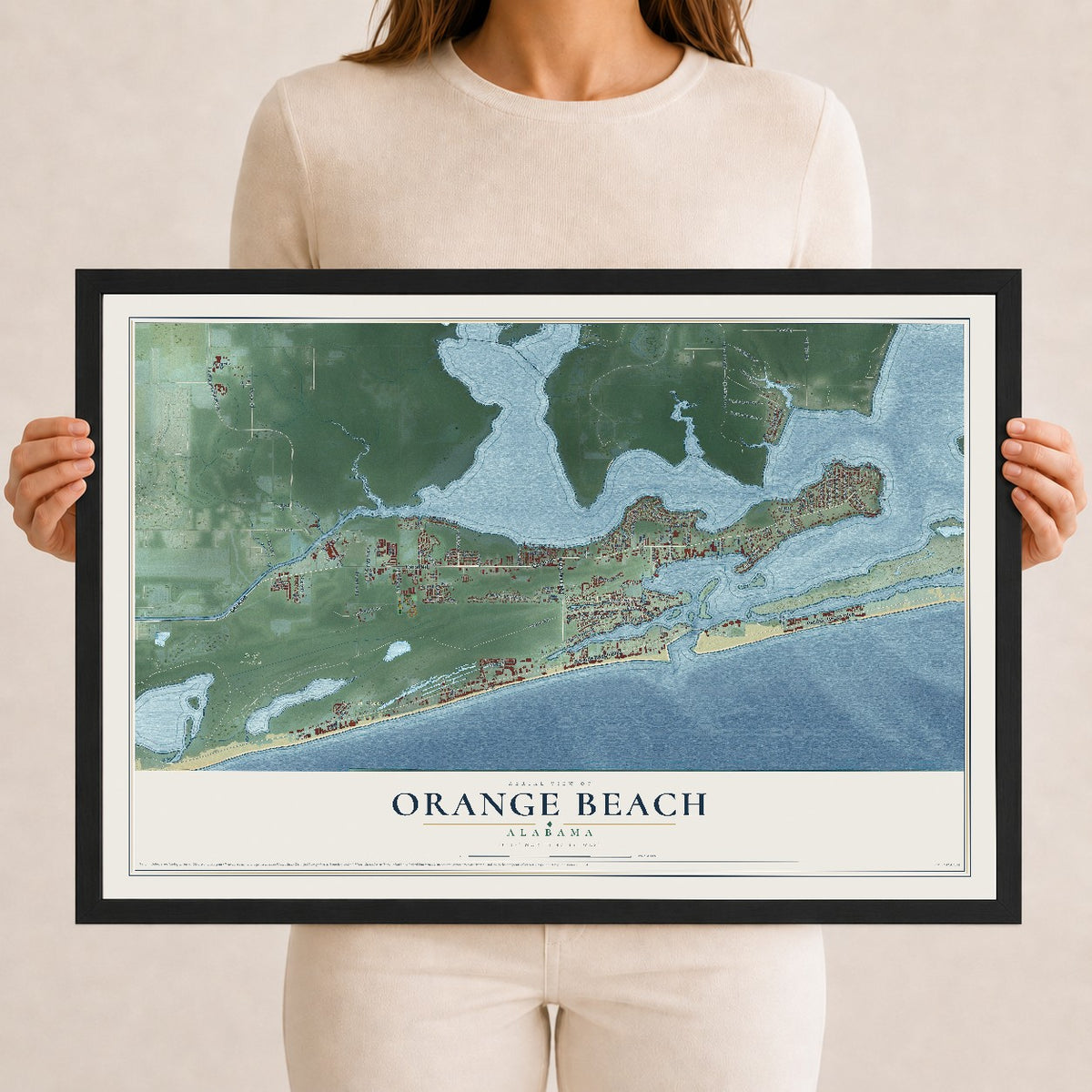 Map of Orange Beach, Alabama, 12 x 18 inch print in a black wood frame