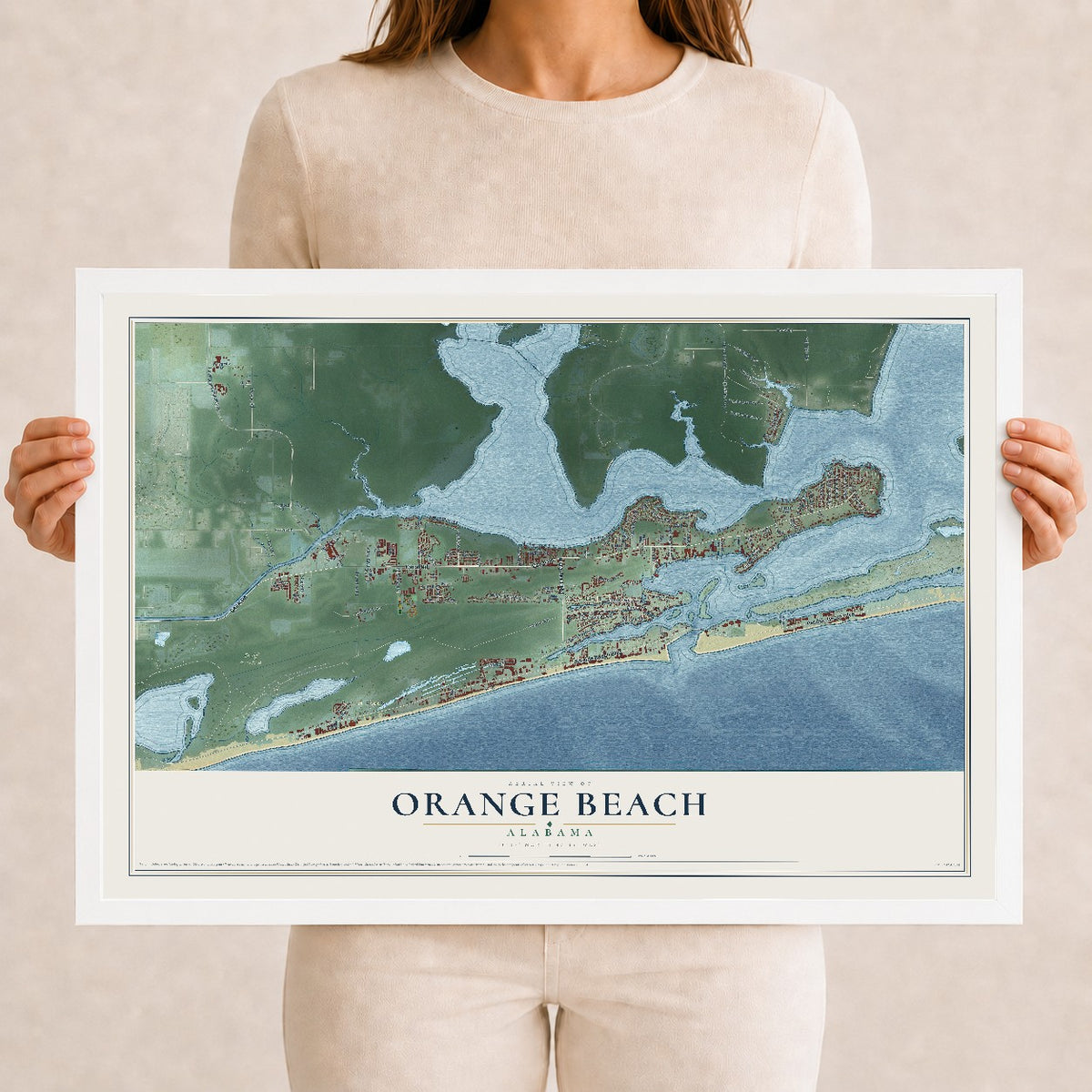 Map of Orange Beach, Alabama, 12 x 18 inch print in a white wood frame