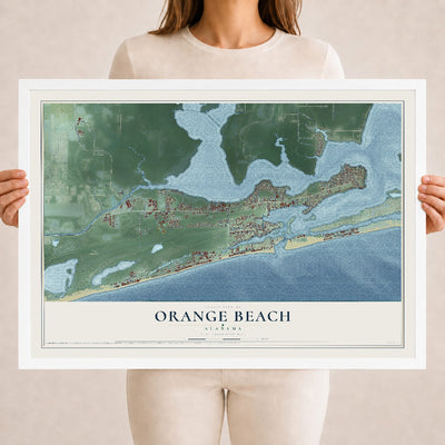 Map of Orange Beach, Alabama, 18 x 24 inch print in a white wood frame