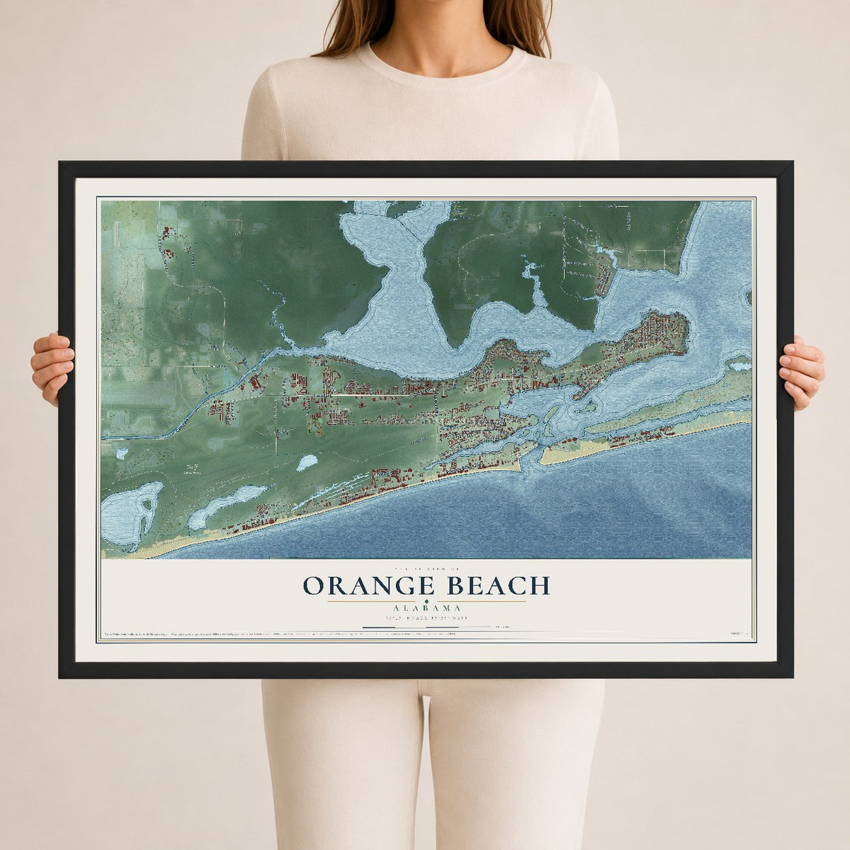 Map of Orange Beach, Alabama, 24 x 36 inch print in a black wood frame