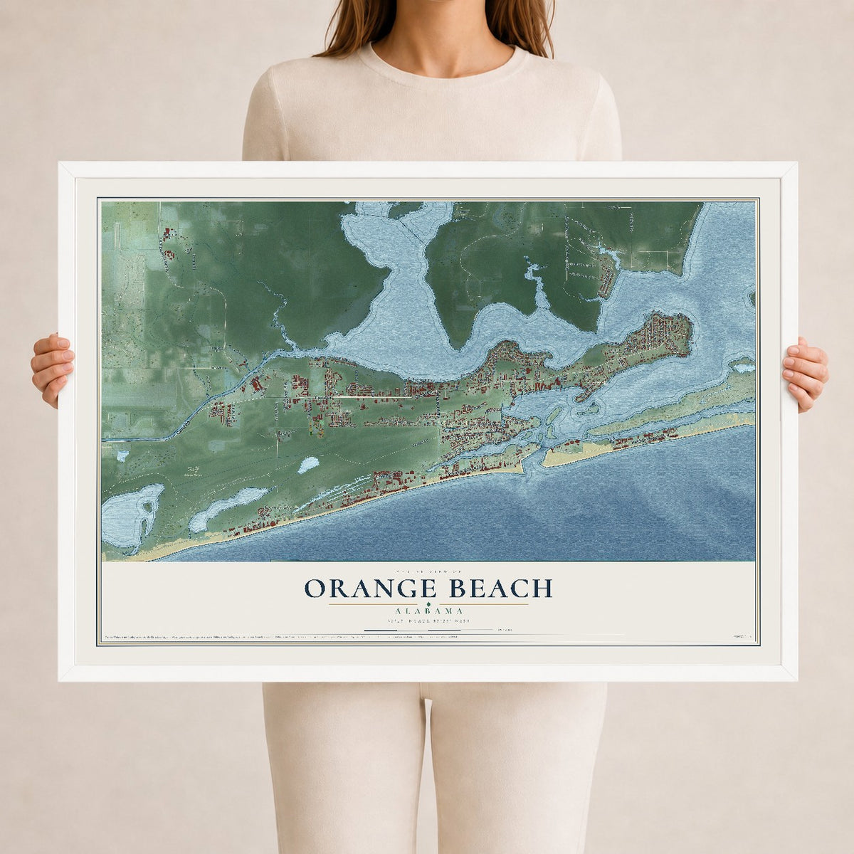 Map of Orange Beach, Alabama, 24 x 36 inch print in a white wood frame