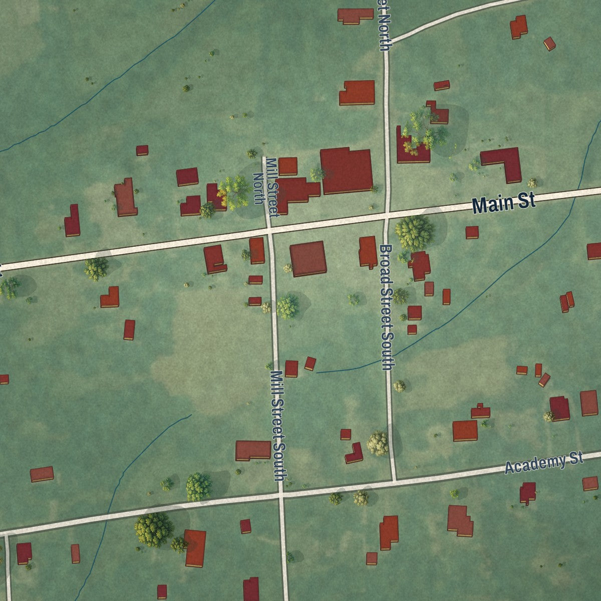 Close-up of the map of Orrville, Alabama print showing street and building detail