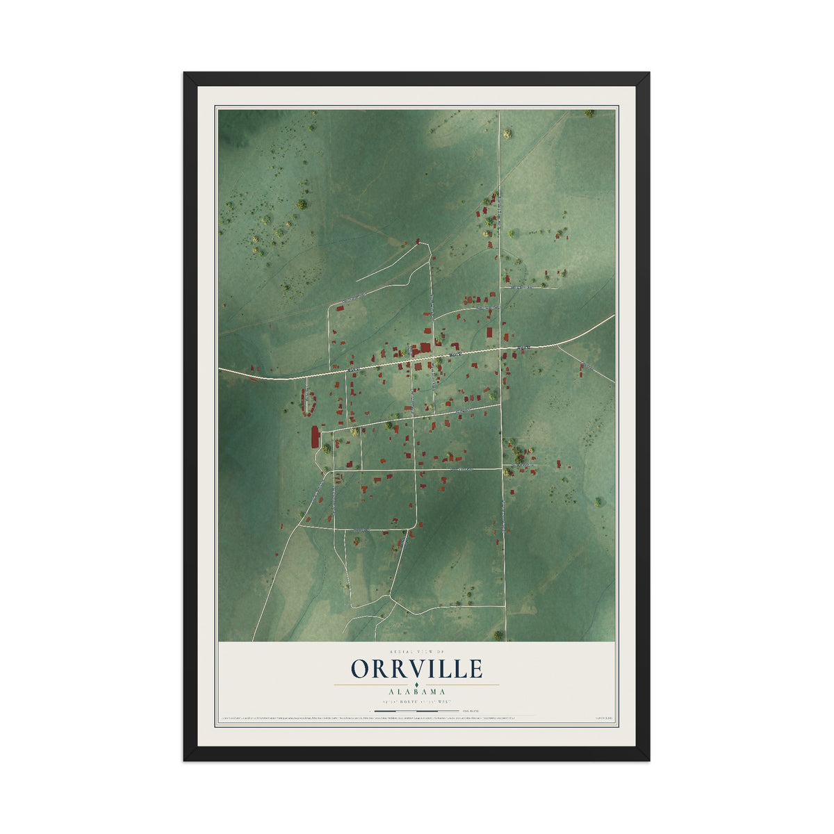 Map of Orrville, Alabama, 12 x 18 inch print in a black wood frame