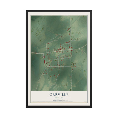 Map of Orrville, Alabama, 12 x 18 inch print in a black wood frame