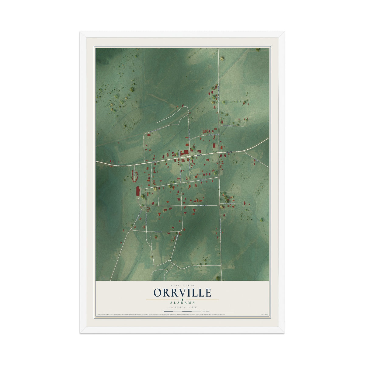 Map of Orrville, Alabama, 12 x 18 inch print in a white wood frame