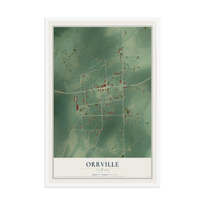 Map of Orrville, Alabama, 12 x 18 inch print in a white wood frame