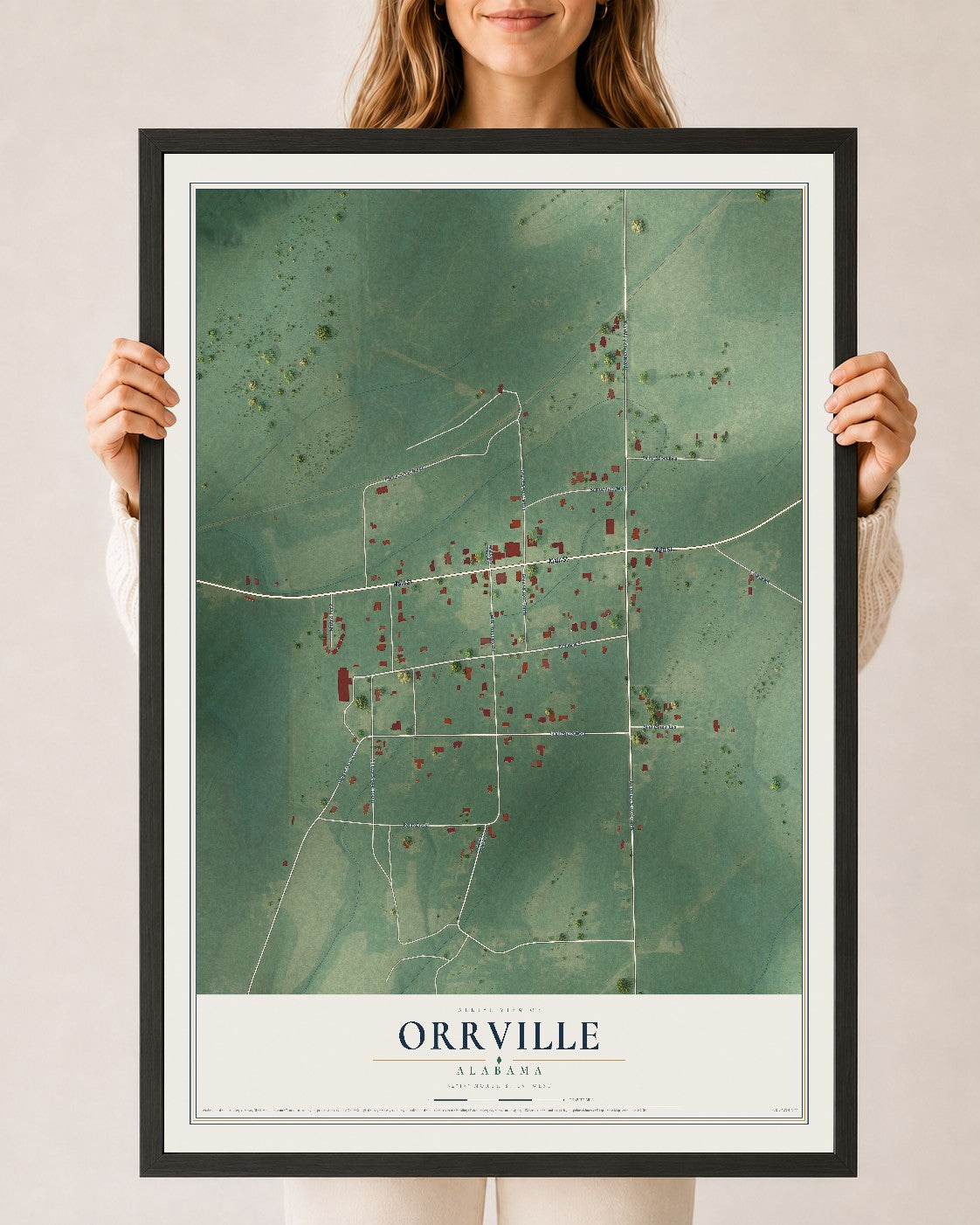 Map of Orrville, Alabama, 24 x 36 inch print in a black wood frame